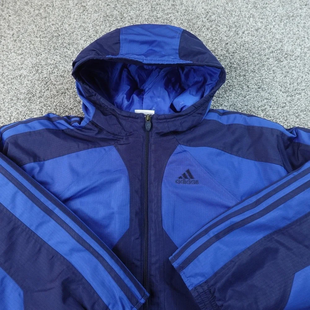VTG Adidas Jacket Mens L Blue Hooded Insulated Full Zip Windbreaker Coat Y2K 00s